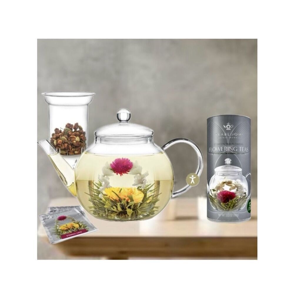 NWT Read Gorgeous TEABLOOM Celebration Teapot & 12 variety Flowering Teas Box +2